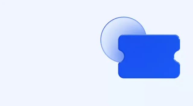 3D rendering of a blue ticket-shaped icon with rounded corners, positioned near a translucent, overlapping circle on a light blue background