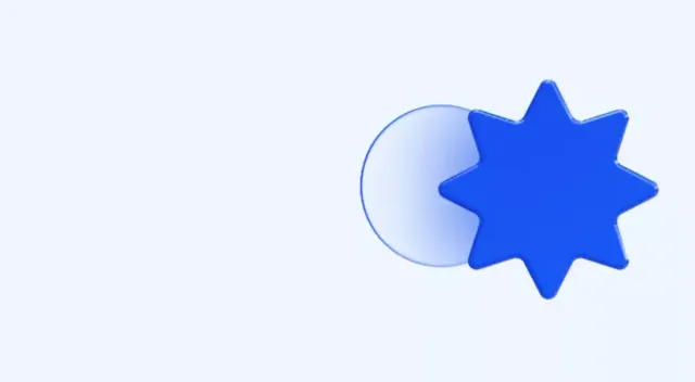 Abstract graphic of a blue eight-pointed star shape overlapping a clear, circular form on a pale blue background
