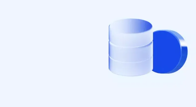 Modern 3D illustration of a stack of translucent cylinders and a solid blue disc on a light blue surface