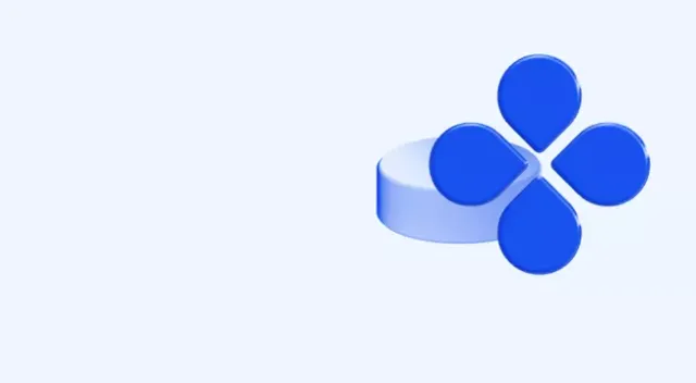 Abstract graphic of four blue, tear-drop shaped elements forming a cross-like design, positioned on top of a clear, cylindrical pedestal on a pale blue background