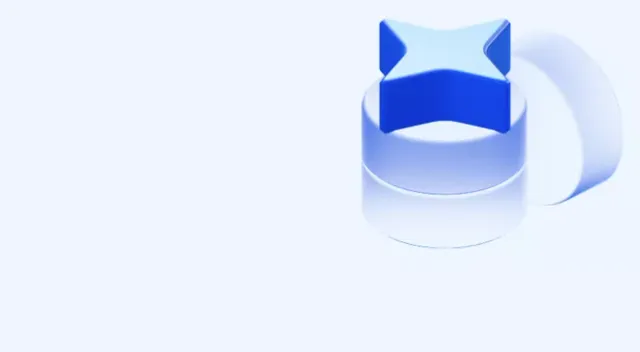3D rendering of a blue star shape resting on a translucent glass cylinder, against a light blue background