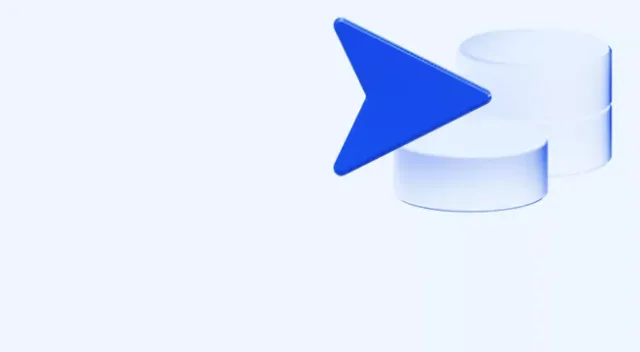 3D rendering of a blue arrow pointing right, positioned near two translucent glass cylinders on a light blue background
