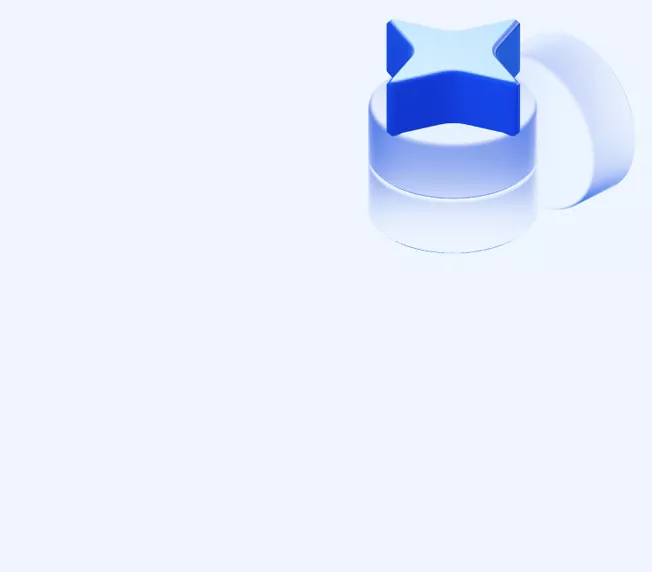 3D rendering of a blue star shape resting on a translucent glass cylinder, against a light blue background